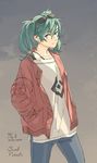  2017 artist_name copyright_name dated earrings eyewear_on_head hair_between_eyes hands_in_pockets hatsune_miku highres jewelry m11k solo suna_no_wakusei_(vocaloid) sunglasses twintails vocaloid 