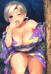  ;o aaru_(tenrake_chaya) against_tree ass_visible_through_thighs bare_shoulders breasts chitose_(kantai_collection) cleavage eyebrows_visible_through_hair grey_hair hair_ribbon hand_to_own_mouth japanese_clothes kantai_collection kimono large_breasts looking_at_viewer obi off_shoulder one_eye_closed outdoors pussy_juice ribbon sash short_hair silver_eyes solo sweat thigh_gap tongue tongue_out tree yukata 