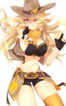  azure-zer0 bandana belt_buckle blonde_hair breasts buckle cleavage commentary cowboy_hat fingerless_gloves gloves hat highres large_breasts long_hair one_eye_closed pointing pointing_at_viewer purple_eyes rwby shorts sleeveless_jacket solo western yang_xiao_long 