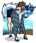  anthro big_breasts blue_fur blue_hair breasts brown_hair canine clothing female footwear fur hair high_heels human hypnofood larger_female male mammal sandal shoes size_difference smaller_male thick_thighs white_fur 