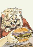  2017 5_fingers anthro black_eyes black_nose blush burger bust_portrait canine cheek_tuft clothed clothing colored dog dog_(ryonggay) dripping eating fangs female food fully_clothed fur hair hairclip head_tuft hi_res holding_food holding_object humanoid_hands humor kemono leaning mammal marker_(artwork) meme open_mouth pigtails portrait raised_eyebrows reaction_image red_shirt ryonggay sharp_teeth shirt short_hair silly_face simple_background sitting snout solo teeth tongue toony traditional_media_(artwork) tuft warm_colors white_background white_fur white_hair wide_eyed 