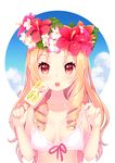  artist_name blonde_hair blue_sky bra bra_removed breasts day dmyomyo drill_hair eromanga_sensei flower flower_wreath food hair_flower hair_ornament head_wreath hibiscus holding holding_bra holding_food long_hair looking_at_viewer medium_breasts open_mouth plumeria pointy_ears popsicle red_eyes ringlets shirahane_nao sky solo symbol-shaped_pupils underwear upper_body white_bra yamada_elf 
