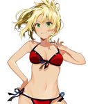  bare_arms bikini blonde_hair breasts cleavage cowboy_shot fate_(series) front-tie_bikini front-tie_top green_eyes hand_on_hip looking_at_viewer medium_breasts mordred_(fate)_(all) mordred_(swimsuit_rider)_(fate) red_bikini side-tie_bikini simple_background smile solo swimsuit tan tanline white_background yuzuki_kihiro 