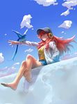  amou_kanade barefoot baseball_cap bird blue_sky breasts cloud commentary_request crossed_legs cutoffs day full_body hand_in_pocket hat headphones highres hood hoodie long_hair medium_breasts murakami_hisashi outdoors outstretched_arm red_eyes red_hair senki_zesshou_symphogear shirt shorts sitting sky smile solo toes very_long_hair yellow_shirt 