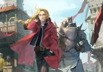  alphonse_elric armor banner baraba_baba beard belt blonde_hair blurry briefcase brothers building city day depth_of_field edward_elric facial_hair full_armor fullmetal_alchemist hand_in_pocket long_hair looking_to_the_side male_focus multiple_boys panda shop siblings sky storefront walking wind xiao-mei 