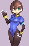  adapted_costume aile bangs blush bodystocking bodysuit bracelet breasts brown_hair covered_navel green_eyes grey_background hair_between_eyes hand_on_hip jewelry leotard looking_to_the_side puffy_short_sleeves puffy_sleeves rockman rockman_zx short_hair short_sleeves simple_background small_breasts smile solo ukimukai waving 