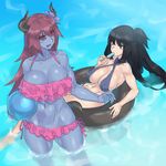  :d bikini black_hair black_sclera blue_bikini blue_skin breasts brown_eyes bulge cleavage copyright_request covered_nipples food horns huge_breasts long_hair mizuumi_(bb) multiple_girls navel open_mouth pink_bikini ponytail popsicle purple_eyes purple_hair smile swimsuit 