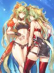  animal_ears atalanta_(fate) back bikini black_bikini blonde_hair cat_ears cat_tail dual_persona fate/apocrypha fate_(series) green_eyes green_hair highres lion_ears lion_tail long_hair melon22 multiple_girls navel red_legwear smile swimsuit tail thighhighs 