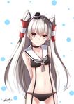  absurdres amatsukaze_(kantai_collection) arms_behind_back bee_doushi bikini black_bikini blush brown_eyes choker closed_mouth commentary hair_tubes highres kantai_collection long_hair looking_at_viewer navel sailor_bikini sailor_collar side-tie_bikini signature silver_hair solo standing swimsuit two_side_up wavy_mouth 