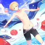  abs bare_chest blonde_hair blue_sky day fire_emblem fire_emblem_heroes fire_emblem_if highres kariya_(mizore) leon_(fire_emblem_if) looking_at_viewer male_focus ocean outdoors red_eyes shorts sky smile solo tomato water 