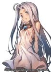  artist_name bare_shoulders blue_eyes blush breasts dress granblue_fantasy long_hair lyria_(granblue_fantasy) nipples patreon_username redcomet silver_hair simple_background sleeveless sleeveless_dress small_breasts solo watermark web_address white_background 