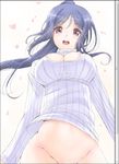  1girl blue_hair blush bottomless breasts cleavage cleavage_cutout fake_scrollbar frapowa from_below groin heart large_breasts long_hair long_sleeves looking_at_viewer love_live! love_live!_sunshine!! matsuura_kanan meme_attire naked_sweater no_panties open-chest_sweater open_mouth out-of-frame_censoring ponytail purple_eyes smile solo sparkle sweater teeth 