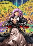  arikanrobo black_dress breasts brown_hair closed_mouth commentary_request cowboy_shot cracking_knuckles cross-laced_clothes dress gradient_hair highres hijiri_byakuren juliet_sleeves large_breasts long_hair long_sleeves looking_at_viewer multicolored_hair puffy_sleeves purple_hair serious solo sorcerer's_sutra_scroll touhou two-tone_hair yellow_eyes 