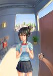  absurdres black_hair black_skirt blurry blurry_background braid brown_eyes commentary_request copyright_name day hair_ribbon highres kimi_no_na_wa langlangzhili meta miniskirt miyamizu_mitsuha open_door out_of_frame plant potted_plant pov pov_hands red_ribbon ribbon school_uniform short_sleeves skirt stairs 