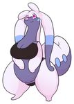  3_toes angelskitty antennae belly big_breasts big_tail bra breasts cleavage clothed clothing digital_media_(artwork) dragon eyelashes eyewear female glasses goodra hi_res looking_at_viewer nintendo overweight overweight_female panties pok&eacute;mon purple_eyes semi-anthro smile solo sports_bra standing thick_thighs toes underwear video_games 