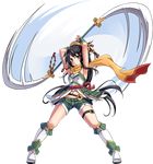  armor armpits black_hair boots breastplate coin_hair_ornament from_below full_body green_shorts hair_ornament hairpin high_heel_boots high_heels holding holding_spear holding_weapon iwabitsu_(oshiro_project) kekemotsu long_hair midriff navel official_art orange_scarf oshiro_project oshiro_project_re polearm ponytail purple_eyes scarf short_shorts shorts sleeveless solo spear spinning transparent_background very_long_hair weapon white_footwear white_legwear 