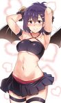  absurdres armpits arms_behind_head arms_up bad_id bad_pixiv_id bangs bare_shoulders black_gloves blush breasts closed_mouth commentary_request cowboy_shot crop_top demon_girl demon_horns demon_wings eyebrows_visible_through_hair frilled_gloves frills gabriel_dropout gloves hair_between_eyes hair_tie hallelujah_essaim highres horns looking_at_viewer medium_breasts midriff navel o-ring o-ring_top pleated_skirt purple_eyes purple_hair simple_background skirt smile solo standing stomach suisen_toire_(moko924) thigh_strap tsukinose_vignette_april tying_hair underboob wide_hips wings 