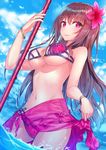  bikini blush brace breasts day fate/grand_order fate_(series) flower grin hair_between_eyes hair_flower hair_ornament hakuishi_aoi holding holding_weapon lance large_breasts long_hair looking_down navel polearm purple_bikini purple_eyes purple_hair sarong sarong_lift scathach_(fate)_(all) scathach_(swimsuit_assassin)_(fate) see-through sky smile solo splashing swimsuit underboob weapon 