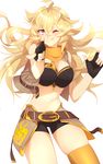  azure-zer0 bandana belt_buckle blonde_hair breasts buckle cleavage fingerless_gloves gloves hat highres large_breasts long_hair one_eye_closed pointing pointing_at_viewer purple_eyes rwby shorts sleeveless_jacket solo western yang_xiao_long 