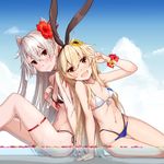  :d adapted_costume amatsukaze_(kantai_collection) arm_support ass_visible_through_thighs bikini black_bikini blonde_hair blue_bikini_bottom blue_sky blush bracelet breasts brown_eyes cleavage closed_mouth cloud cloudy_sky day eyebrows_visible_through_hair fang flower front-tie_bikini front-tie_top hair_between_eyes hair_flower hair_ornament hair_ribbon hairband hibiscus highleg highleg_bikini jewelry kantai_collection layered_bikini leaning long_hair looking_at_viewer mismatched_bikini multiple_girls navel open_mouth outdoors ribbon shimakaze_(kantai_collection) side-tie_bikini sidelocks silver_hair sky small_breasts smile sweat swimsuit takanashi_kei_(hitsujikan) thigh_strap two_side_up v very_long_hair white_bikini_top 