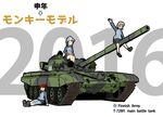  3girls aki_(girls_und_panzer) caterpillar_tracks english girls_und_panzer ground_vehicle hat instrument kamocchi_(uwaan34) kantele keizoku_military_uniform mika_(girls_und_panzer) mikko_(girls_und_panzer) military military_uniform military_vehicle motor_vehicle multiple_girls on_vehicle t-72 tank uniform 