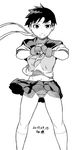  ben-day_dots breasts commentary_request dated feet_out_of_frame fingerless_gloves fist_in_hand gloves greyscale hachimaki headband kasugano_sakura kneehighs looking_at_viewer medium_breasts monochrome neckerchief panties pantyshot pleated_skirt school_uniform screentones short_hair signature simple_background skirt skirt_lift smile solo standing street_fighter tsukudani_(coke-buta) underwear white_background 
