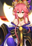  animal_ears bare_shoulders blue_eyes blush breasts cleavage fate/extra fate_(series) fox_ears fox_tail hair_ornament japanese_clothes kimono long_hair looking_at_viewer medium_breasts p!nta pink_hair smile solo tail tamamo_(fate)_(all) tamamo_no_mae_(fate) thighhighs yellow_eyes 