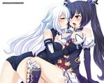  2girls ass bare_shoulders black_heart blue_hair blush boots breast_grab breasts cameltoe choujigen_game_neptune compile_heart dress dual_persona elbow_gloves eyes_closed french_kiss gloves hair_ribbon hinghoi idea_factory kissing long_hair multiple_girls neptune_(series) noire open_mouth red_eyes shiny shiny_clothes shiny_hair shiny_skin sideboob skirt tongue tongue_out twintails very_long_hair white_hair yuri 