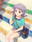  absurdres aqua_nails blush closed_mouth collarbone cup denim denim_shorts drinking_glass drinking_straw eyebrows_visible_through_hair feet_out_of_frame highres holding holding_cup idolmaster idolmaster_million_live! kamille_(vcx68) looking_away makabe_mizuki nail_polish purple_hair short_hair shorts sitting smile solo yellow_eyes 