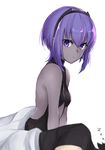  bare_shoulders black_hair black_hairband breasts dark_skin fate/grand_order fate/prototype fate/prototype:_fragments_of_blue_and_silver fate_(series) fujimaru_ritsuka_(male) hairband hassan_of_serenity_(fate) p!nta purple_eyes purple_hair revealing_clothes simple_background sleeveless small_breasts solo white_background zzz 