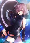  armor black_armor blush breasts eyebrows_visible_through_hair fate/grand_order fate_(series) hair_over_one_eye highres holding_shield large_breasts looking_at_viewer mash_kyrielight nonkomu_(furiten5553) open_mouth pink_hair purple_eyes shield short_hair solo 