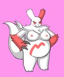  big_breasts black_eyes blush breasts female full_body invalid_tag kewon looking_at_viewer nintendo nipples pink_background pok&eacute;mon red_sclera simple_background solo standing video_games zoroark 