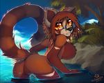  anthro big_breasts breasts eyewear featureless_breasts featureless_crotch female glasses looking_at_viewer looking_back macmegagerc mammal nude partially_submerged red_panda smile solo standing 