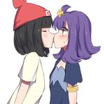  2girls acerola_(pokemon) ahoge armlet beanie black_hair blue_dress blush dress eyebrows_visible_through_hair eyes_closed hair_ornament hat hekishiru jewelry leaning_forward loli matching_hair/eyes mizuki_(pokemon_sm) multiple_girls pokemon pokemon_sm purple_eyes purple_hair red_hat shirt short_hair short_sleeves simple_background standing surprised sweat white_background white_shirt yuri 