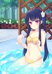  bad_id bad_pixiv_id black_hair blush breasts cleavage closed_mouth eyebrows_visible_through_hair flower hair_flower hair_ornament highres holding holding_spoon long_hair looking_at_viewer medium_breasts navel original pool purple_eyes sitting solo spoon suzu_(minagi) tri_tails 