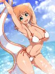  1girl bare_shoulders bikini blush breasts green_eyes hairclip hanabi_(senran_kagura) large_breasts looking_at_viewer micro_bikini ocean open_mouth orange_hair ponpo scroll senran_kagura senran_kagura_(series) shiny shiny_hair shiny_skin short_hair smile solo swimsuit water wet 