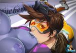  2girls ass bodysuit breasts brown_hair cum cum_in_mouth cunnilingus gloves goggles hand_in_hair hizzacked medium_breasts nipples overwatch pov pubic_hair purple_skin pussy_juice sucking tattoo text tracer_(overwatch) watermark yuri 