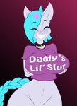  &lt;3 2017 anthro blush bottomless braided_hair breasts clothed clothing collar dawny_(oc) english_text equine eyes_closed fan_character hair horse jrvanesbroek mammal my_little_pony navel pony shirt t-shirt text turquoise_hair wide_hips 