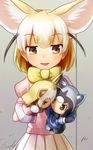  :d animal_ears blonde_hair bow bowtie brown_eyes character_doll commentary common_raccoon_(kemono_friends) eyebrows_visible_through_hair fennec_(kemono_friends) fox_ears hand_puppet highres kemono_friends open_mouth pink_shirt puffy_short_sleeves puffy_sleeves puppet shirt short_hair short_sleeves signature skirt smile solo welt_(kinsei_koutenkyoku) yellow_bow yellow_neckwear 