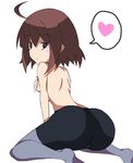  1girl ahoge ass back bare_back bare_shoulders bike_shorts blush breasts brown_hair cameltoe covering covering_breasts embarrassed linne looking_at_viewer medium_breasts purple_eyes short_hair sideboob solo spoken_heart topless under_night_in-birth 