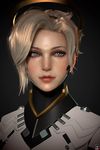  3d absurdres blonde_hair blue_eyes bodysuit closed_mouth eyelashes eyeliner face gradient gradient_background grey_background gyu_bin_yun high_ponytail highres lips looking_at_viewer makeup mechanical_halo mercy_(overwatch) nose overwatch photorealistic portrait short_hair solo watermark white_bodysuit 