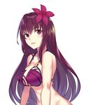  breasts brown_hair cleavage eyebrows_visible_through_hair fate/grand_order fate_(series) flower hair_flower hair_ornament large_breasts looking_at_viewer parted_lips red_eyes scathach_(fate)_(all) scathach_(swimsuit_assassin)_(fate) smile solo upper_body yilan 