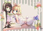  :d :o animal anko_(gochiusa) aqua_eyes ass bangs bare_legs barefoot black_hair blonde_hair blunt_bangs braid breasts brown_hair bunny bunny_tail commentary_request copyright_name crown eyebrows_visible_through_hair flower frilled_shorts frills gochuumon_wa_usagi_desu_ka? green_eyes green_hairband hairband halter_top halterneck holding holding_animal kirima_sharo kneeling leaning_forward lipstick long_hair looking_at_viewer makeup maroya_togiyoru medium_breasts midriff mini_crown multiple_girls nail_polish_bottle navel open_mouth orange_hairband pajamas parted_lips petting shirt short_hair shorts single_braid sitting sleeveless sleeveless_shirt smile striped striped_background striped_hairband tail two-tone_background ujimatsu_chiya vertical-striped_background vertical_stripes wavy_hair white_shirt white_shorts wild_geese 