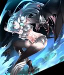  &gt;:( amira_(shingeki_no_bahamut) bangs blue_hair breasts brown_eyes claws closed_mouth commentary_request demon_girl demon_horns demon_tail demon_wings floating_hair flying from_side frown highres horns kazetto large_breasts long_hair looking_away nail_polish pale_skin pointy_ears red_nails shingeki_no_bahamut shingeki_no_bahamut:_genesis solo tail tattoo v-shaped_eyebrows wings 