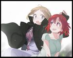  2girls :d ahoge bangs black_border black_jacket blonde_hair blue_eyes border braid commentary_request dress french_braid green_dress hair_between_eyes hair_ribbon highres izetta jacket long_sleeves looking_at_another multiple_girls open_mouth ortfine_fredericka_von_eylstadt purple_dress red_eyes red_hair ribbon short_hair short_sleeves shuumatsu_no_izetta smile yellow_ribbon 