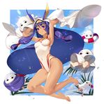  &lt;o&gt;_&lt;o&gt; armpits bare_shoulders barefoot closed_mouth covered_navel dark_skin earrings facial_mark fate/grand_order fate_(series) feet hairband highleg highleg_swimsuit highres hoop_earrings innertube jewelry long_hair looking_at_viewer medjed murakami_yuichi necklace nitocris_(fate/grand_order) nitocris_(swimsuit_assassin)_(fate) outdoors purple_eyes purple_hair swimsuit veil 