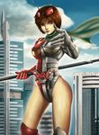  banned_artist brown_eyes brown_hair building cape cloud cloudy_sky day flying highres holding holding_weapon kamen_rider kamen_rider_double kamen_rider_w leotard looking_at_viewer rider-tan short_hair sky solo weapon yinan_cui 