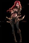  artist_name belt black_background black_pants boots breasts brown_footwear brown_gloves brown_nails closed_mouth fingerless_gloves full_body gloves green_eyes hair_over_one_eye highres holding holding_sword holding_weapon katarina_du_couteau knee_boots league_of_legends long_hair looking_at_viewer medium_breasts nail_polish navel pants red_hair scar scar_across_eye solo steve_zheng sword weapon 