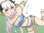  blush breasts brown_hair cleavage collarbone eyebrows_visible_through_hair fate/grand_order fate_(series) heart highres horns kiyohime_(fate/grand_order) kiyohime_(swimsuit_lancer)_(fate) large_breasts long_hair looking_at_viewer navel parted_lips ramchi smile solo swimsuit thighs translation_request white_hair 