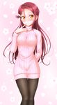  arm_behind_back black_legwear blush cherry_blossoms ckst dress finger_to_mouth floral_background half_updo highres long_hair long_sleeves looking_at_viewer love_live! love_live!_sunshine!! pantyhose pink_background pink_sweater red_hair ribbed_sweater sakurauchi_riko smile solo sweater sweater_dress turtleneck turtleneck_sweater yellow_eyes 